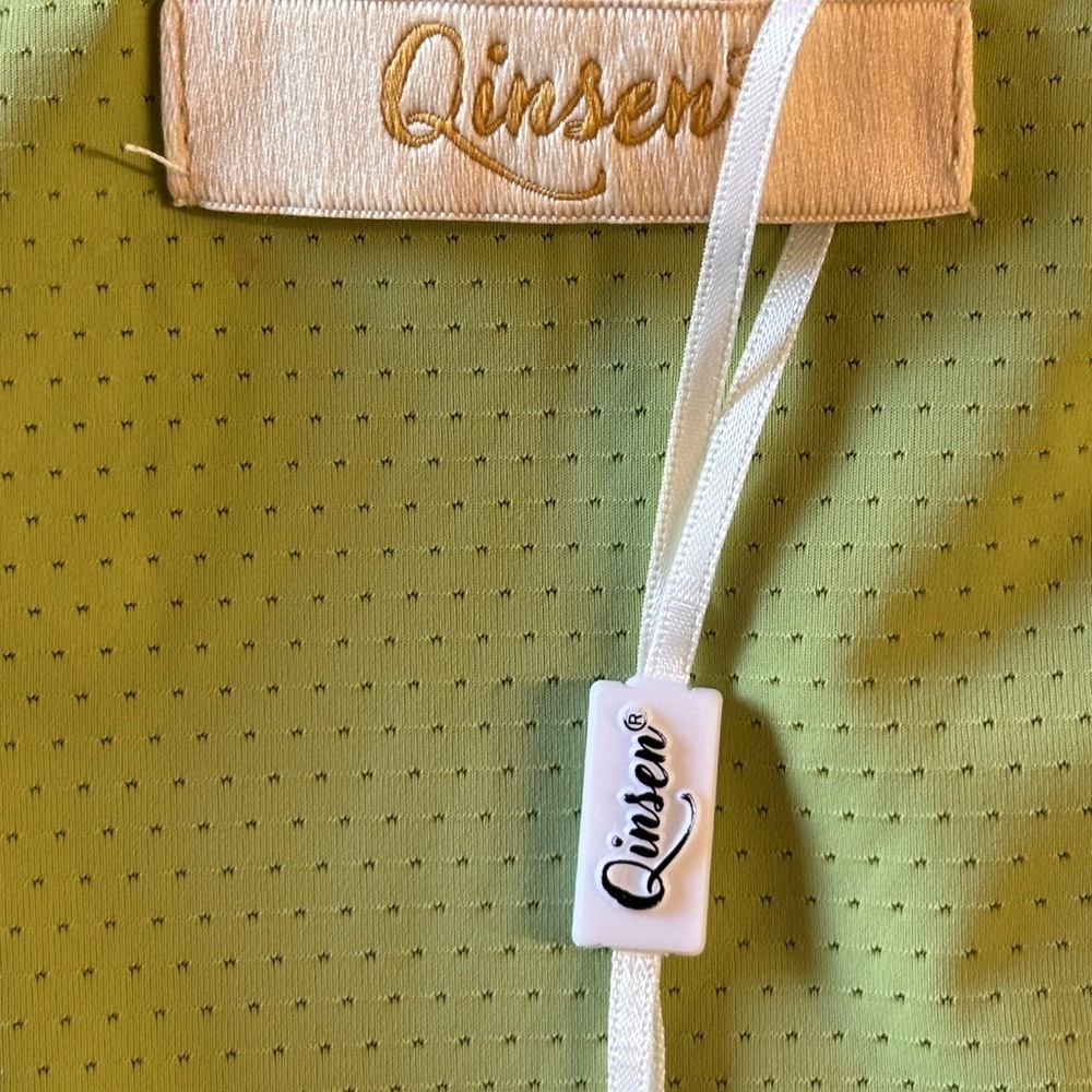 Qinsen Sage Green Long Sleeve Square Neck Mini Dress Side Slit NWT - Picture 2 of 6